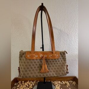 Dooney & Burke Tassel Accent Logo-Print Shoulder Bag in Tan